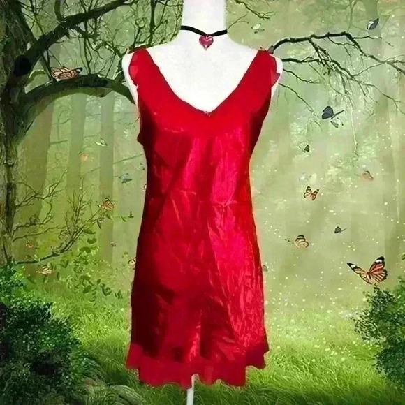 Y2k 90s Red Satin Mini Slip Dress By Inner Most - Picture 1 of 7